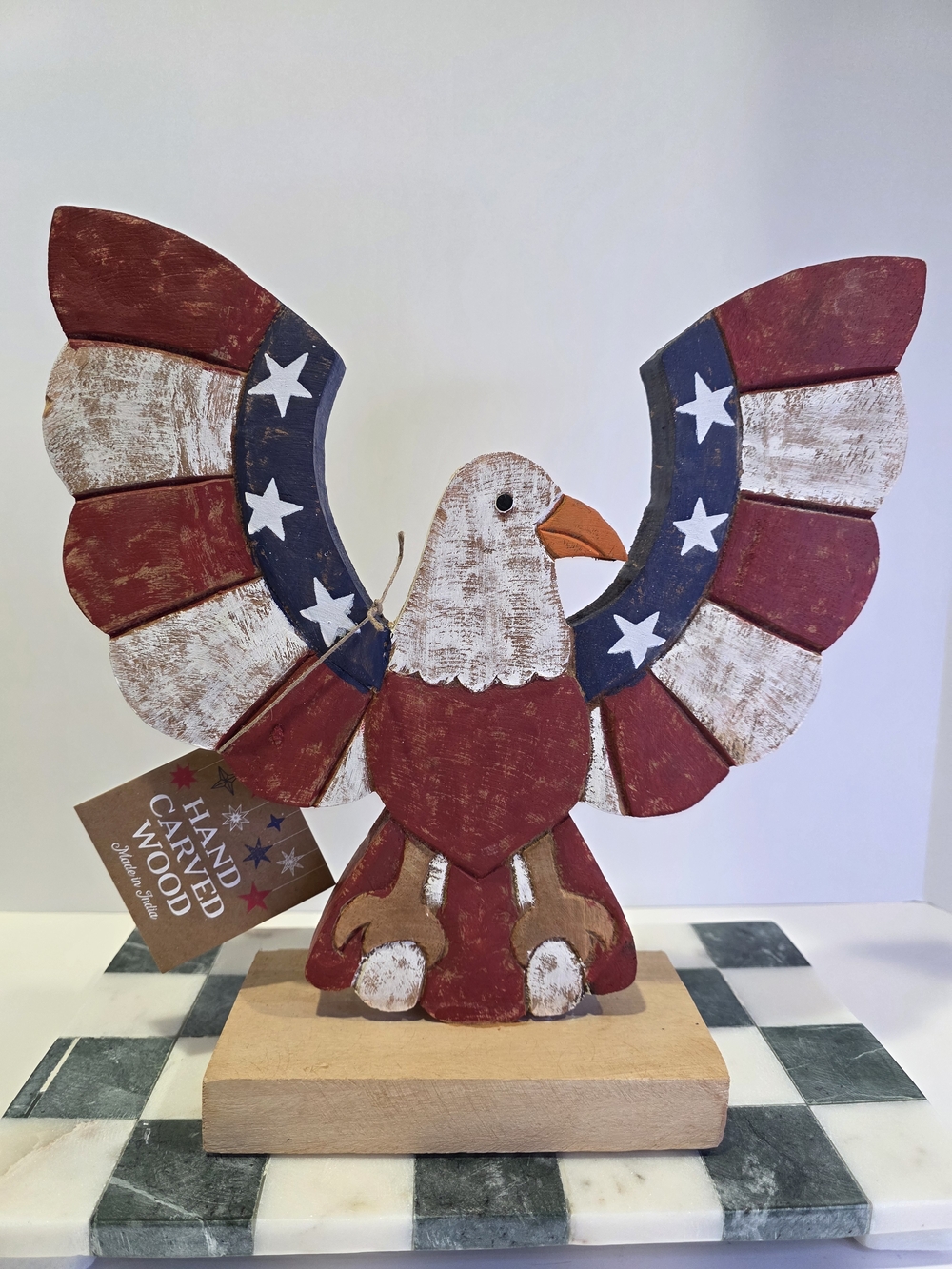 ♥️Hand Carved Wood Patriotic Eagle Figurine - Red White & Blue Americana Decor.